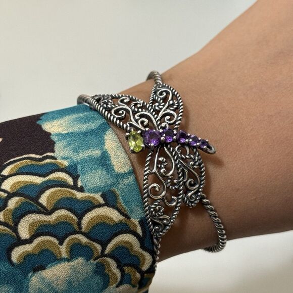 Vintage Carolyn Pollack Dragonfly Amethyst & Peridot Sterling Cuff Bracelet - Picture 2 of 7